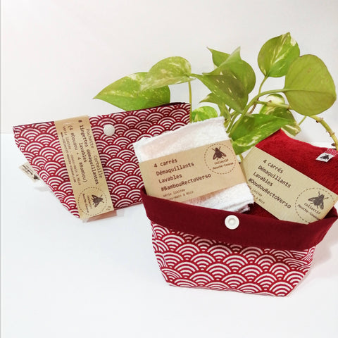 'Coffret cadeau' Lingettes démaquillantes lavables x8 + pochette-corbeille - Seigaiha rouge