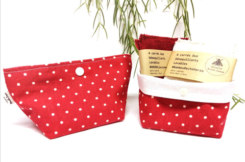 'Coffret cadeau' Lingettes démaquillantes lavables x8 + pochette-corbeille - Pois rouge