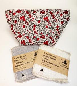 'Coffret cadeau' Lingettes démaquillantes lavables x8 + pochette-corbeille - Fleurs rouges