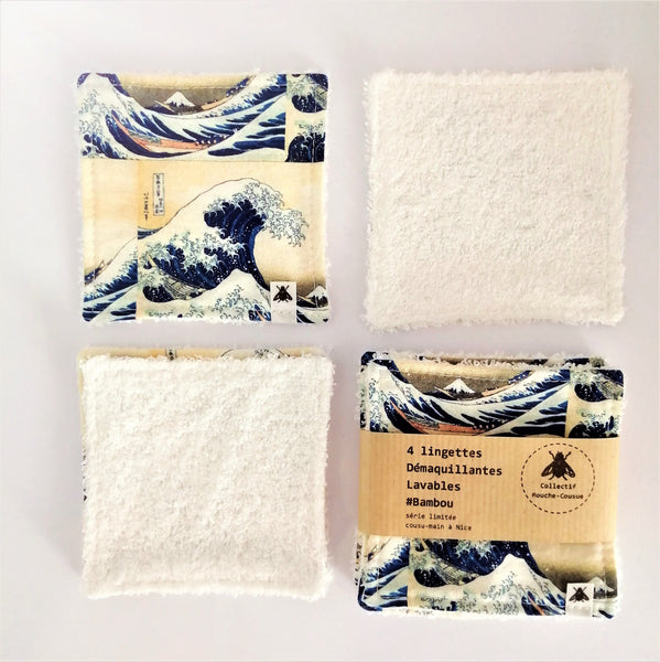 lingettes démaquillantes coton lavable demakeup sustainable make-up wipes washable bambou douceur hokusai vague japon japonisant nippon pattern collectif-mouche-cousue.com